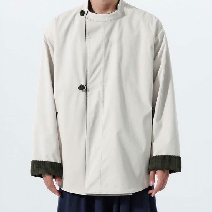 Buddha Stones Chaqueta reversible de pana lisa para hombre, estilo casual de otoño/invierno, con cuello mandarín y bolsillo. - image 4