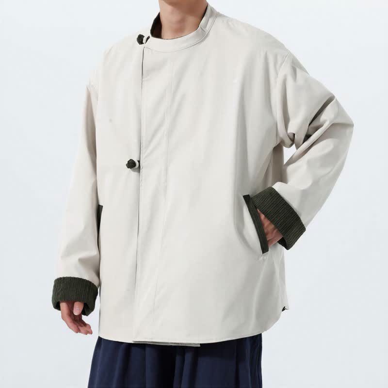 Buddha Stones Chaqueta reversible de pana lisa para hombre, estilo casual de otoño/invierno, con cuello mandarín y bolsillo. - image 5