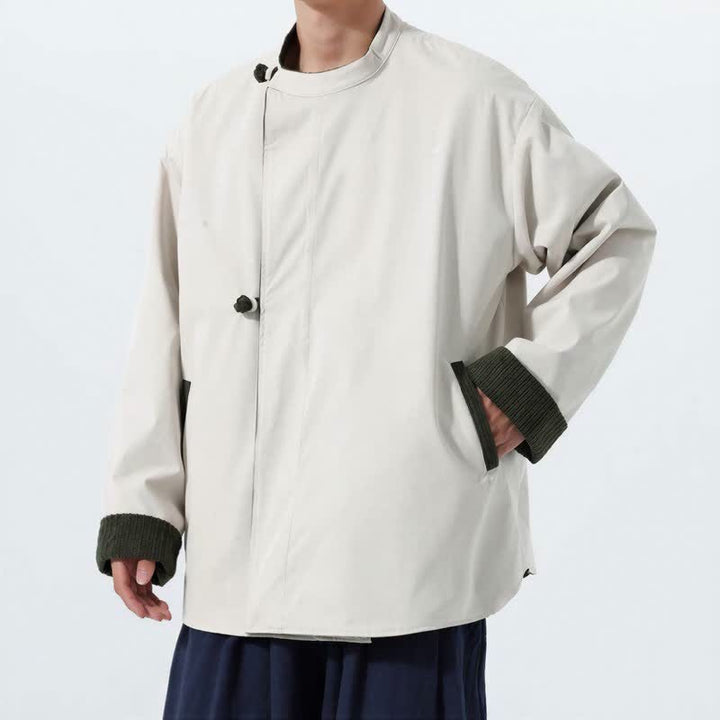 Buddha Stones Chaqueta reversible de pana lisa para hombre, estilo casual de otoño/invierno, con cuello mandarín y bolsillo. - image 5