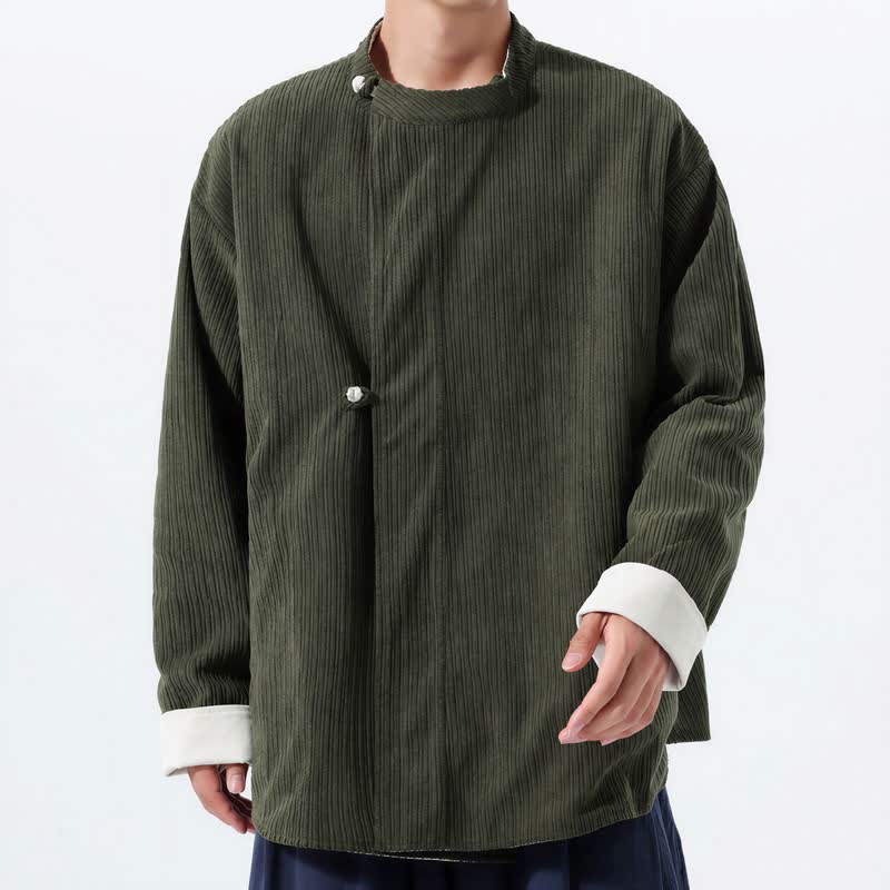 Buddha Stones Chaqueta reversible de pana lisa para hombre, estilo casual de otoño/invierno, con cuello mandarín y bolsillo. - Verde oliva oscuro - US/UK/AU46, EU56 (5XL) - image 0
