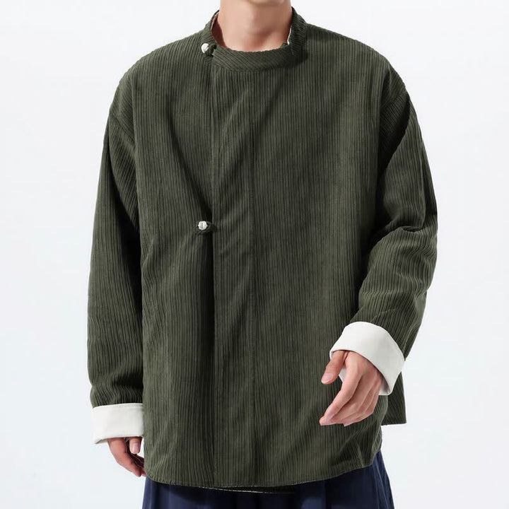 Buddha Stones Chaqueta reversible de pana lisa para hombre, estilo casual de otoño/invierno, con cuello mandarín y bolsillo. - Verde oliva oscuro - US/UK/AU46, EU56 (5XL) - image 0