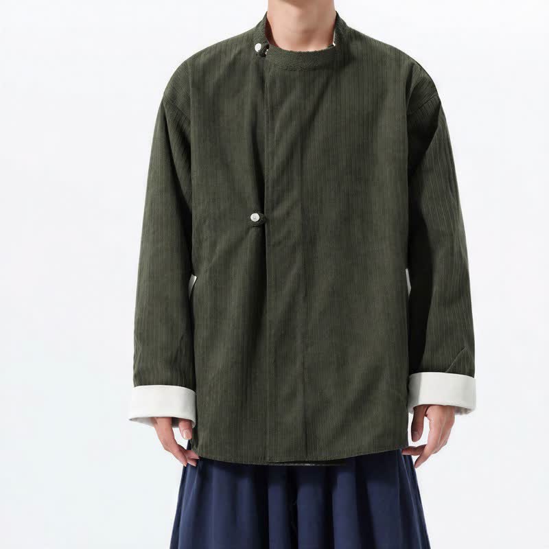 Buddha Stones Chaqueta reversible de pana lisa para hombre, estilo casual de otoño/invierno, con cuello mandarín y bolsillo. - image 1