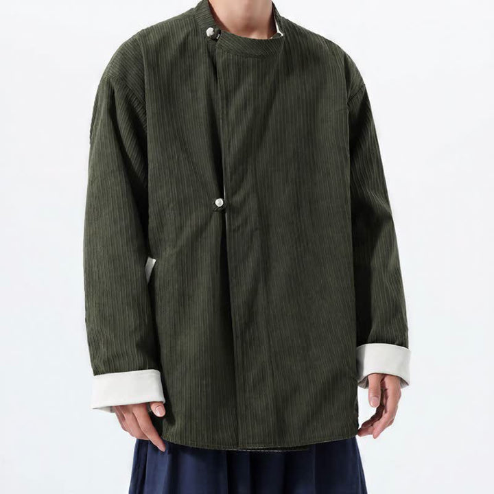 Buddha Stones Chaqueta reversible de pana lisa para hombre, estilo casual de otoño/invierno, con cuello mandarín y bolsillo. - image 2