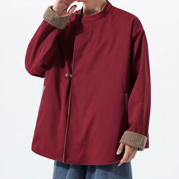 Buddha Stones Chaqueta reversible de pana lisa para hombre, estilo casual de otoño/invierno, con cuello mandarín y bolsillo. - image 24
