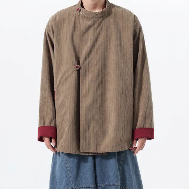Buddha Stones Chaqueta reversible de pana lisa para hombre, estilo casual de otoño/invierno, con cuello mandarín y bolsillo. - Caqui - US/UK/AU46, EU56 (5XL) - image 18