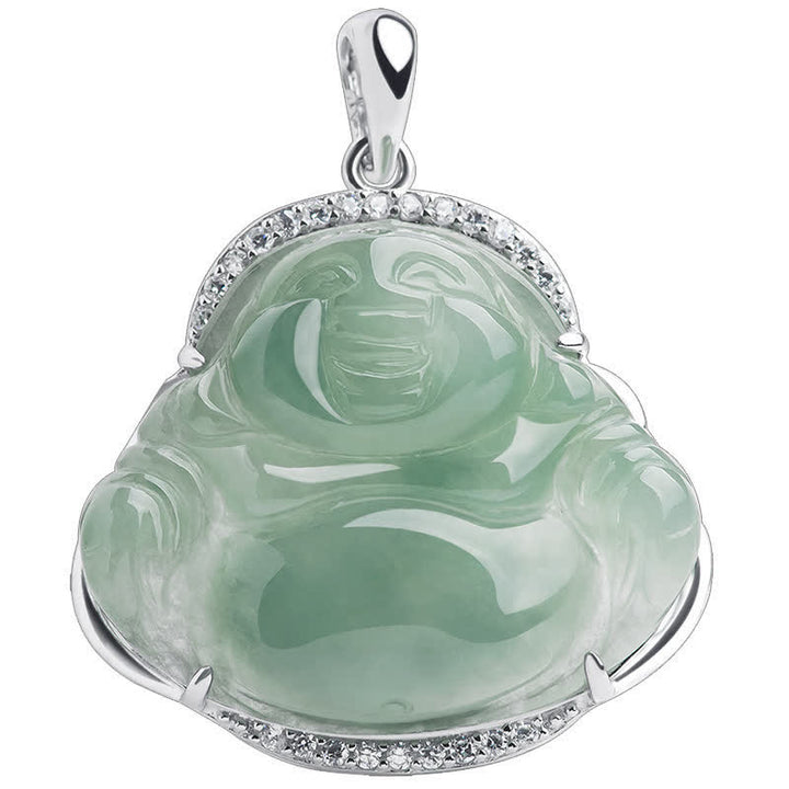 Buddha Stones Colgante de Buda sonriente de jade verde con incrustaciones de plata de ley 925 y cadena de acero de titanio. - image 10