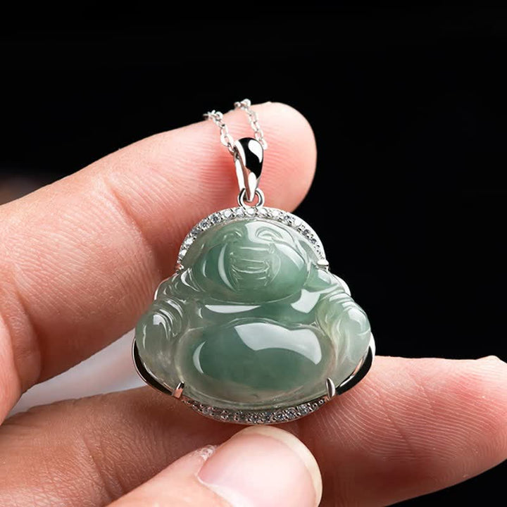 Buddha Stones Colgante de Buda sonriente de jade verde con incrustaciones de plata de ley 925 y cadena de acero de titanio. - image 7