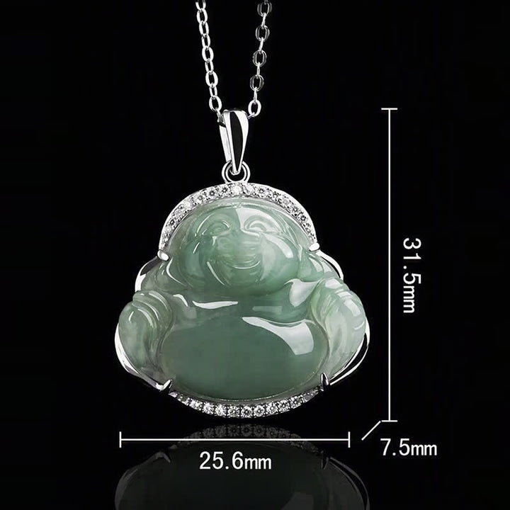Buddha Stones Colgante de Buda sonriente de jade verde con incrustaciones de plata de ley 925 y cadena de acero de titanio. - image 8