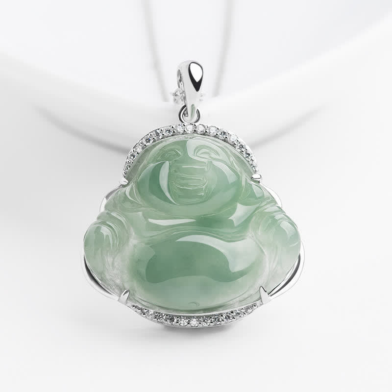 Buddha Stones Colgante de Buda sonriente de jade verde con incrustaciones de plata de ley 925 y cadena de acero de titanio. - Jade (Suerte♥Protección) - Cadena de acero de titanio - image 0