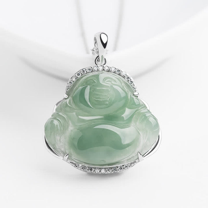 Buddha Stones Colgante de Buda sonriente de jade verde con incrustaciones de plata de ley 925 y cadena de acero de titanio. - Jade (Suerte♥Protección) - Cadena de acero de titanio - image 0