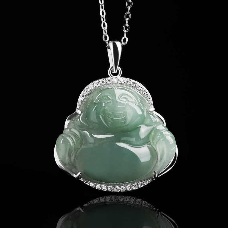 Buddha Stones Colgante de Buda sonriente de jade verde con incrustaciones de plata de ley 925 y cadena de acero de titanio. - image 4
