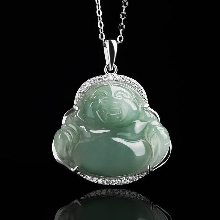 Buddha Stones Colgante de Buda sonriente de jade verde con incrustaciones de plata de ley 925 y cadena de acero de titanio. - image 4