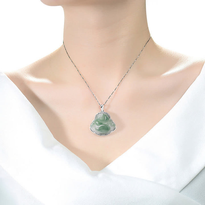 Buddha Stones Colgante de Buda sonriente de jade verde con incrustaciones de plata de ley 925 y cadena de acero de titanio. - image 9