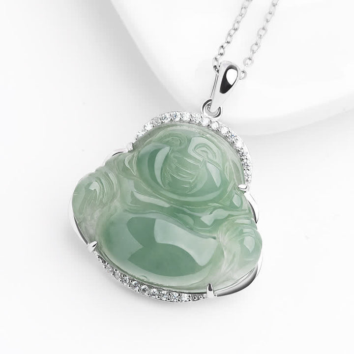 Buddha Stones Colgante de Buda sonriente de jade verde con incrustaciones de plata de ley 925 y cadena de acero de titanio. - image 3