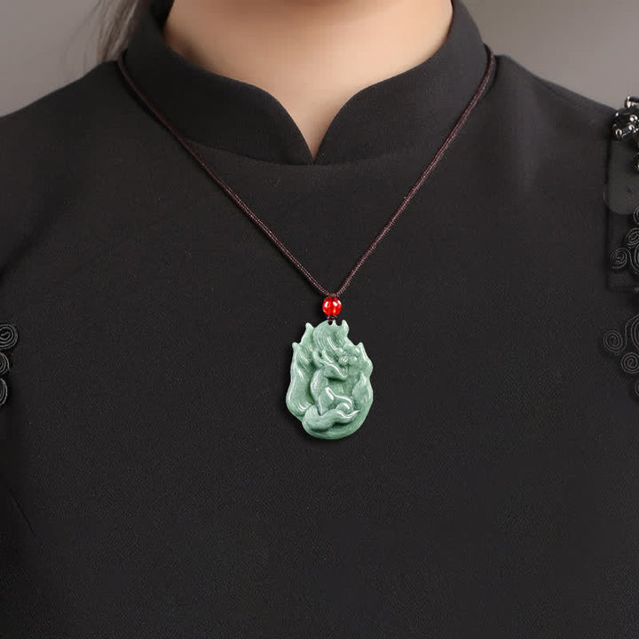 Buddha Stones Collar con colgante tallado en relieve de zorro de nueve colas de jade, símbolo de buena suerte. - image 8