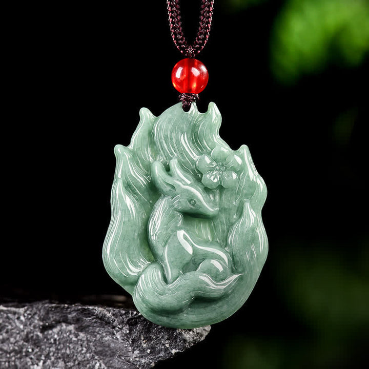 Buddha Stones Collar con colgante tallado en relieve de zorro de nueve colas de jade, símbolo de buena suerte. - Zorro de nueve colas (Amor ♥ Suerte) - image 0
