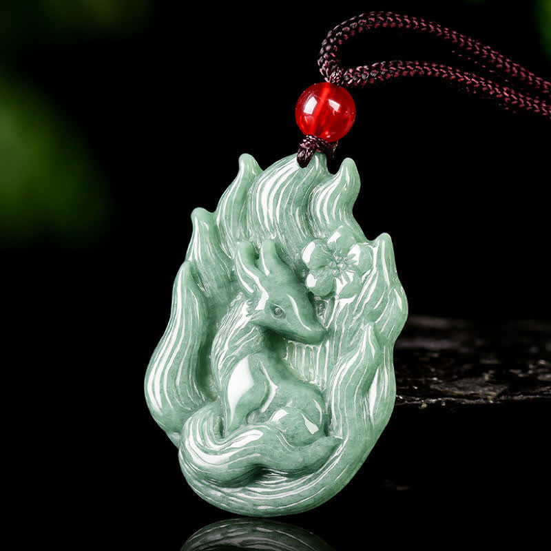Buddha Stones Collar con colgante tallado en relieve de zorro de nueve colas de jade, símbolo de buena suerte. - image 2