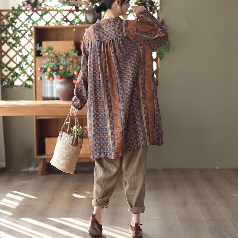 Buddha Stones Vestidos de manga larga para mujer, estilo retro bohemio, con botones, estampado floral y rayas, con bolsillo, ideales para primavera y otoño. - image 3