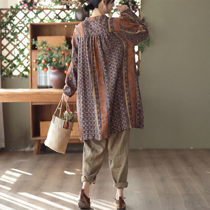 Buddha Stones Vestidos de manga larga para mujer, estilo retro bohemio, con botones, estampado floral y rayas, con bolsillo, ideales para primavera y otoño. - image 3