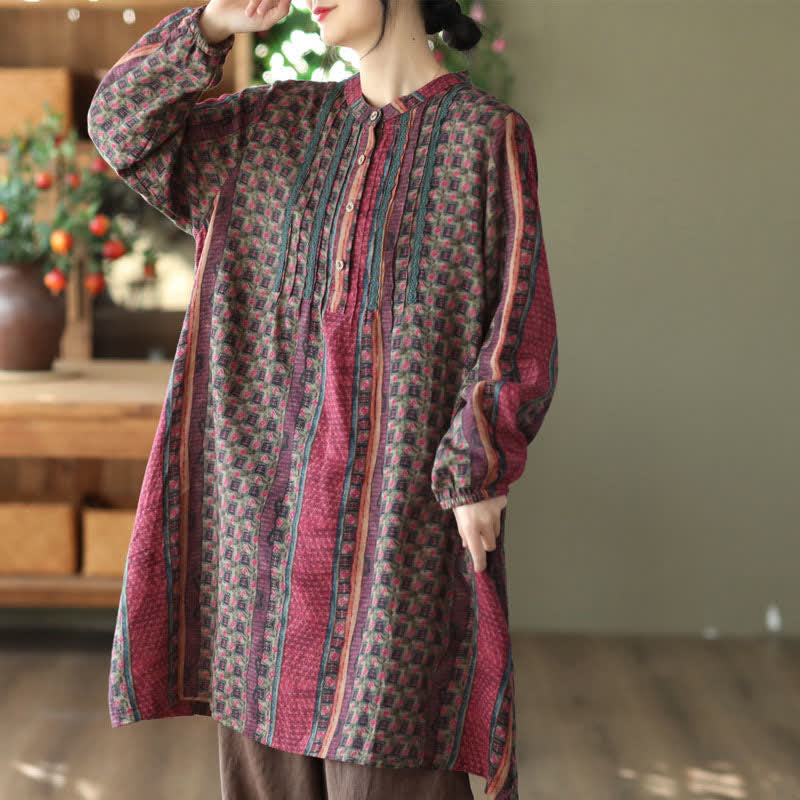 Buddha Stones Vestidos de manga larga para mujer, estilo retro bohemio, con botones, estampado floral y rayas, con bolsillo, ideales para primavera y otoño. - Rojo violeta pálido - US14，UK/AU18，EU46 (2XL) - image 19