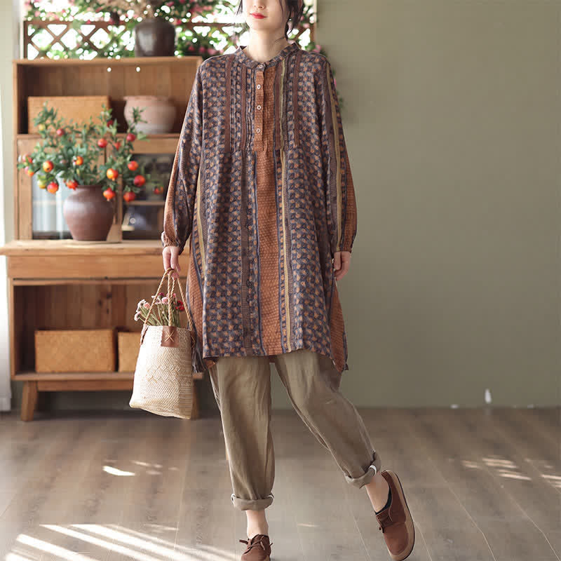 Buddha Stones Vestidos de manga larga para mujer, estilo retro bohemio, con botones, estampado floral y rayas, con bolsillo, ideales para primavera y otoño. - image 1