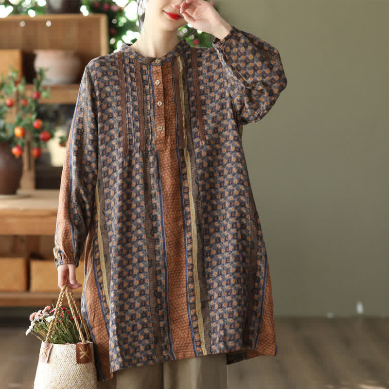 Buddha Stones Vestidos de manga larga para mujer, estilo retro bohemio, con botones, estampado floral y rayas, con bolsillo, ideales para primavera y otoño. - Vara de oro oscura - US14，UK/AU18，EU46 (2XL) - image 0