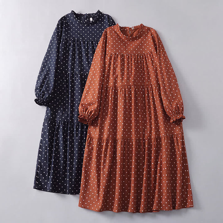Buddha Stones Vestido de manga larga para mujer, estilo vintage de primavera, con volantes, estampado de lunares y bolsillos. - image 15