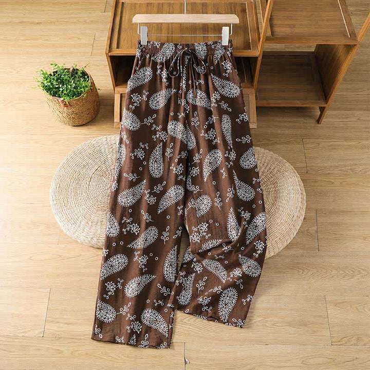Buddha Stones Pantalones tobilleros casuales de primavera-verano estilo bohemio con cordón ajustable y estampado paisley para mujer, de pierna recta y con bolsillo. - Marrón silla de montar - US8-10, UK/AU12-14, EU40-42 (2XL) - image 0