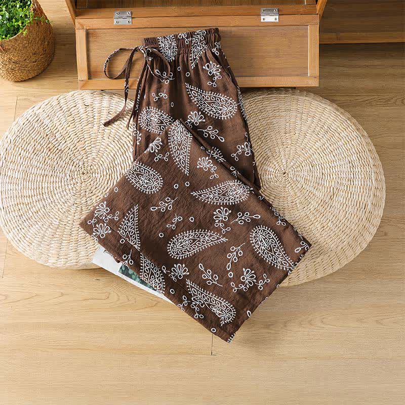 Buddha Stones Pantalones tobilleros casuales de primavera-verano estilo bohemio con cordón ajustable y estampado paisley para mujer, de pierna recta y con bolsillo. - image 2