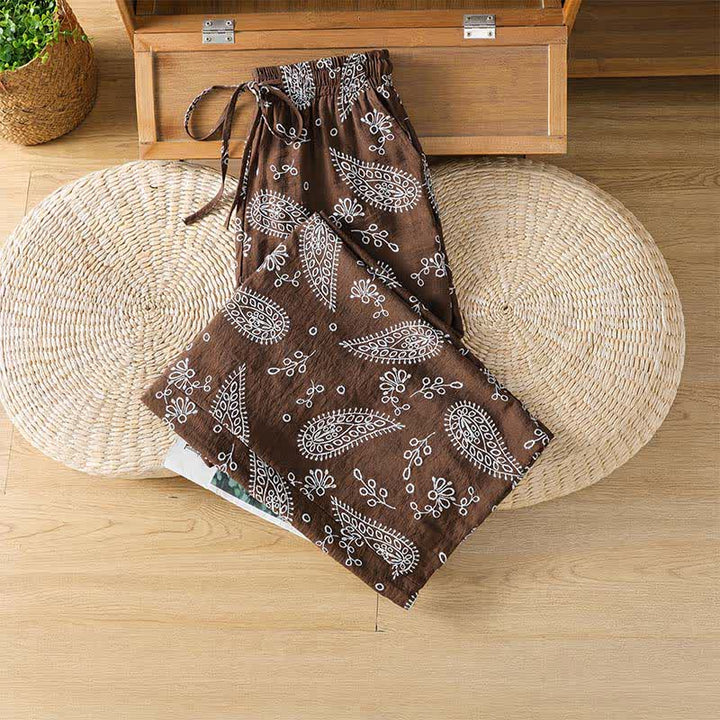 Buddha Stones Pantalones tobilleros casuales de primavera-verano estilo bohemio con cordón ajustable y estampado paisley para mujer, de pierna recta y con bolsillo. - image 2