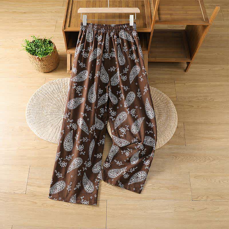 Buddha Stones Pantalones tobilleros casuales de primavera-verano estilo bohemio con cordón ajustable y estampado paisley para mujer, de pierna recta y con bolsillo. - image 1