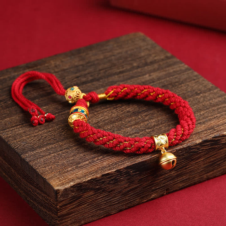 Buddha Stones Pulsera de cuerda multicolor con dije de campana de sabiduría Om Mani Padme Hum tibetana tejida a mano - Borgoña (Circunferencia de la muñeca: 5,9–6,7 pulgadas / 15–17 cm) - image 0