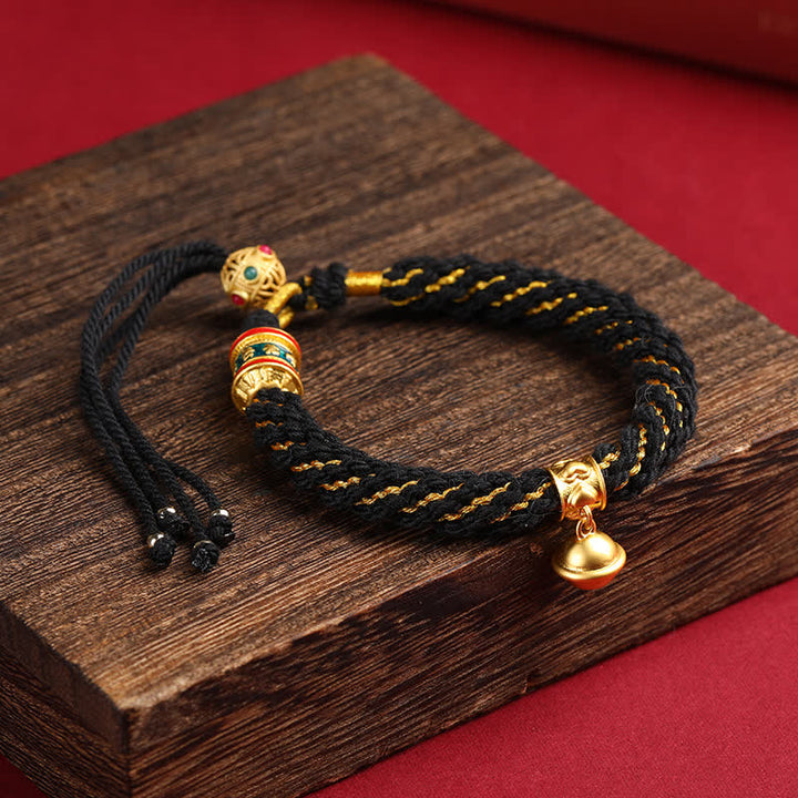 Buddha Stones Pulsera de cuerda multicolor con dije de campana de sabiduría Om Mani Padme Hum tibetana tejida a mano - Negro (Circunferencia de la muñeca: 5,9–6,7 pulgadas / 15–17 cm) - image 15