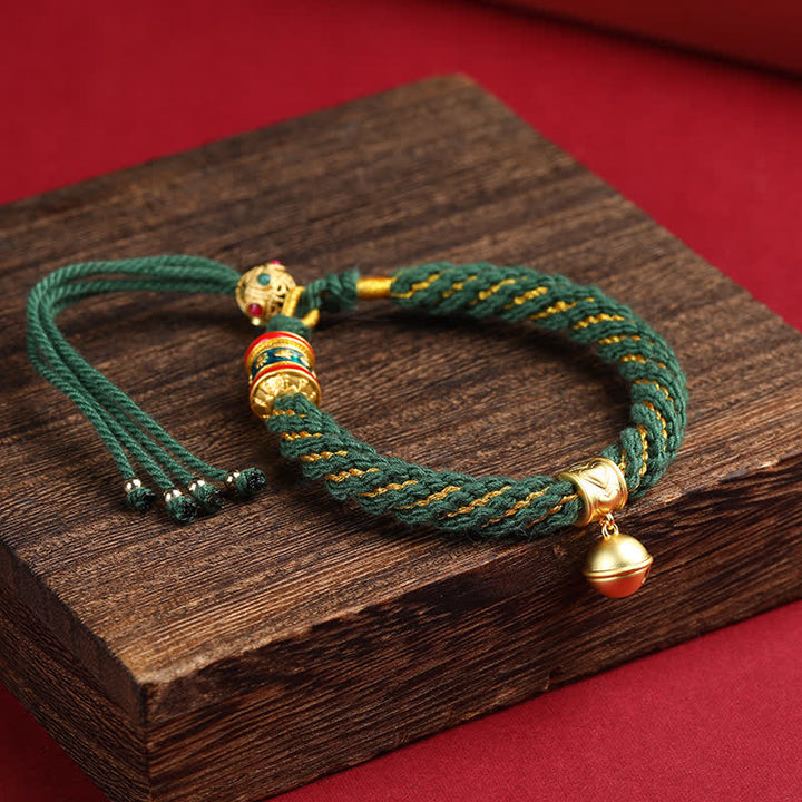 Buddha Stones Pulsera de cuerda multicolor con dije de campana de sabiduría Om Mani Padme Hum tibetana tejida a mano - Verde (circunferencia de la muñeca: 5,9–6,7 pulgadas / 15–17 cm) - image 13