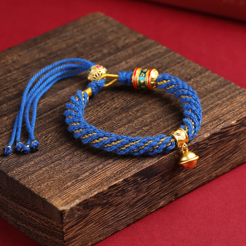Buddha Stones Pulsera de cuerda multicolor con dije de campana de sabiduría Om Mani Padme Hum tibetana tejida a mano - Azul zafiro (circunferencia de la muñeca: 15-17 cm) - image 16