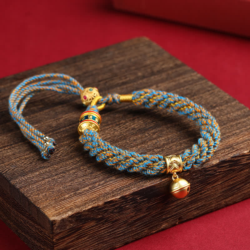 Buddha Stones Pulsera de cuerda multicolor con dije de campana de sabiduría Om Mani Padme Hum tibetana tejida a mano - Azul caqui (circunferencia de la muñeca: 15-17 cm) - image 8