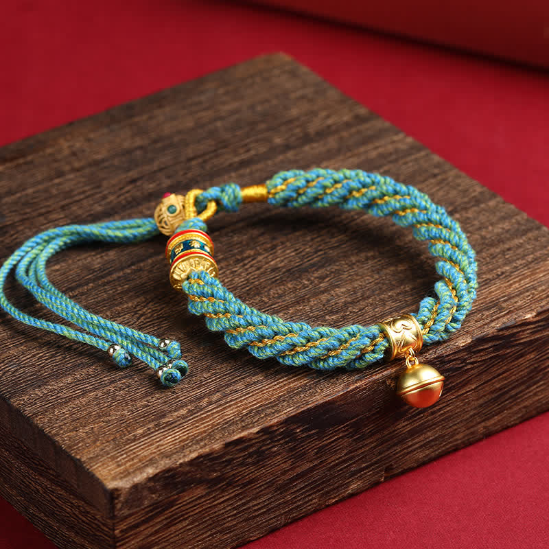 Buddha Stones Pulsera de cuerda multicolor con dije de campana de sabiduría Om Mani Padme Hum tibetana tejida a mano - Azul verdoso (circunferencia de la muñeca: 5,9–6,7 pulgadas / 15–17 cm) - image 14