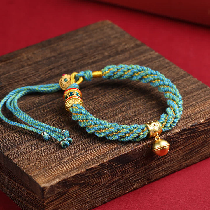 Buddha Stones Pulsera de cuerda multicolor con dije de campana de sabiduría Om Mani Padme Hum tibetana tejida a mano - Azul verdoso (circunferencia de la muñeca: 5,9–6,7 pulgadas / 15–17 cm) - image 14