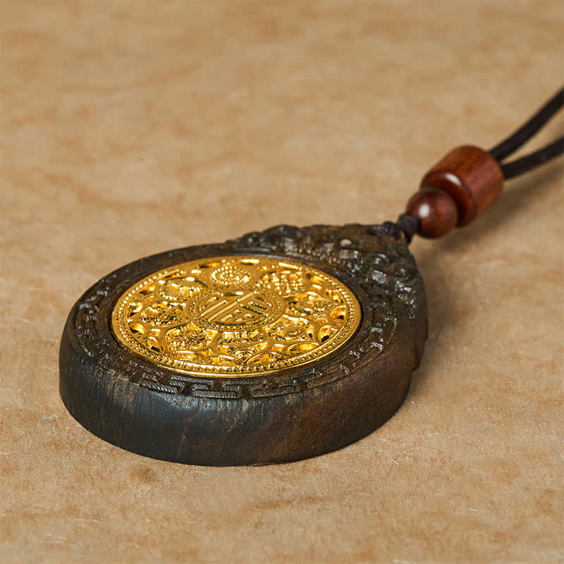 Buddha Stones Collar con colgante de bendición del carácter Fu, tallado a mano en madera de sappan, con la imagen de la Bestia Auspiciosa. - image 3
