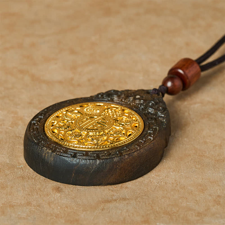 Buddha Stones Collar con colgante de bendición del carácter Fu, tallado a mano en madera de sappan, con la imagen de la Bestia Auspiciosa. - image 3