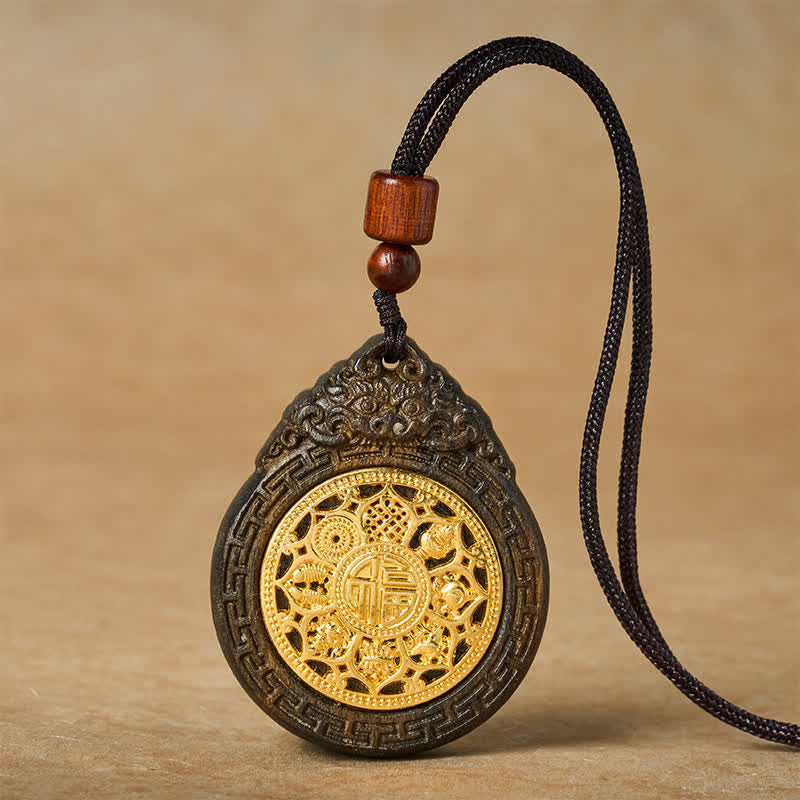Buddha Stones Collar con colgante de bendición del carácter Fu, tallado a mano en madera de sappan, con la imagen de la Bestia Auspiciosa. - Bestia Auspiciosa - image 0