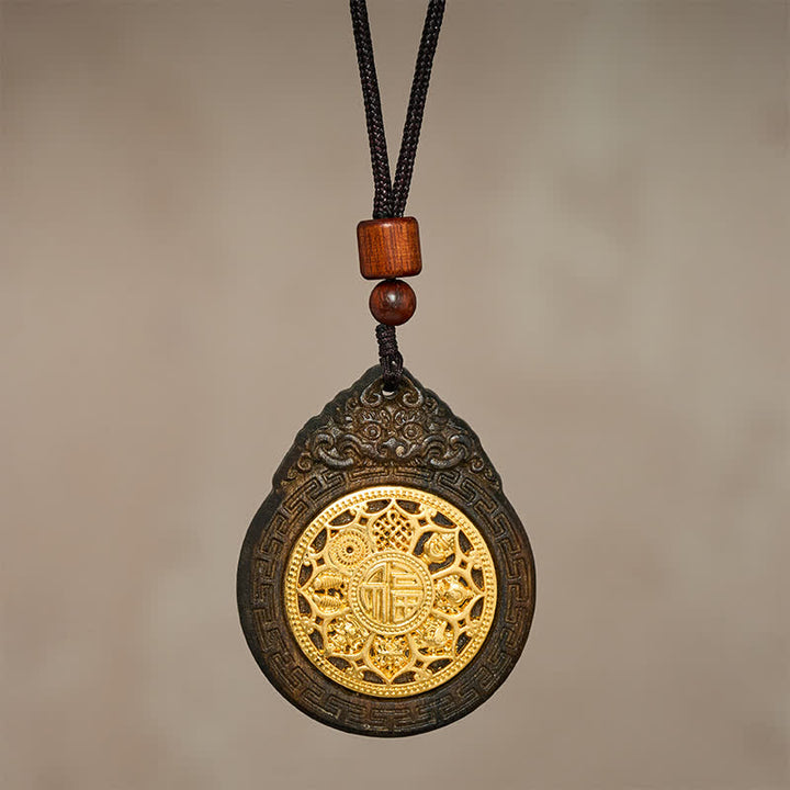 Buddha Stones Collar con colgante de bendición del carácter Fu, tallado a mano en madera de sappan, con la imagen de la Bestia Auspiciosa. - image 2