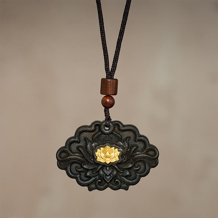 Buddha Stones Collar con colgante tallado en relieve de madera de sappanwood con diseño de loto e iluminación. - image 2