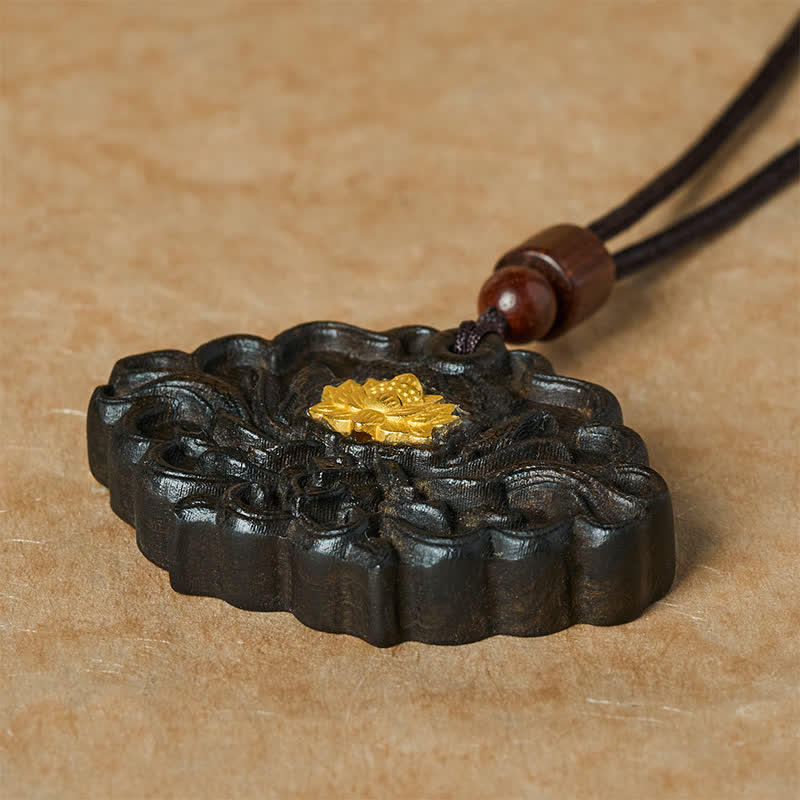 Buddha Stones Collar con colgante tallado en relieve de madera de sappanwood con diseño de loto e iluminación. - image 3