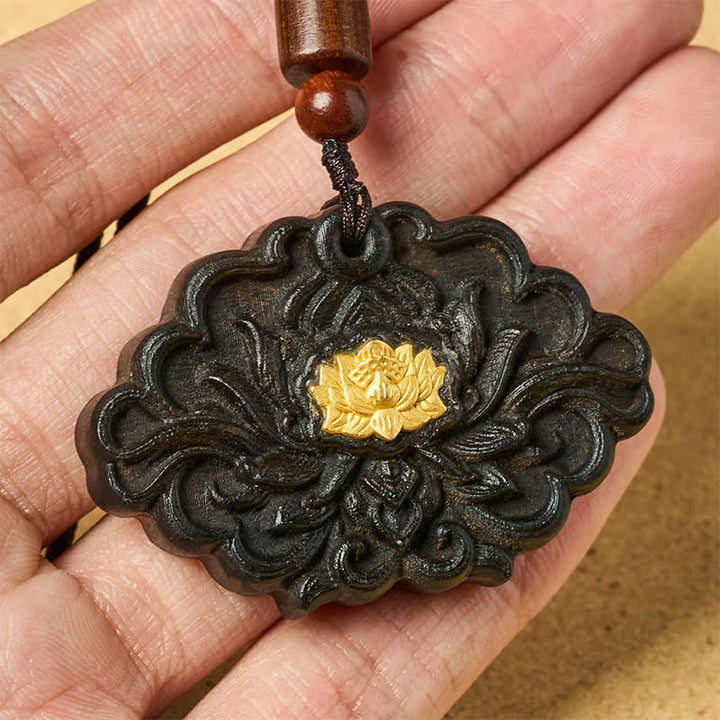 Buddha Stones Collar con colgante tallado en relieve de madera de sappanwood con diseño de loto e iluminación. - image 4