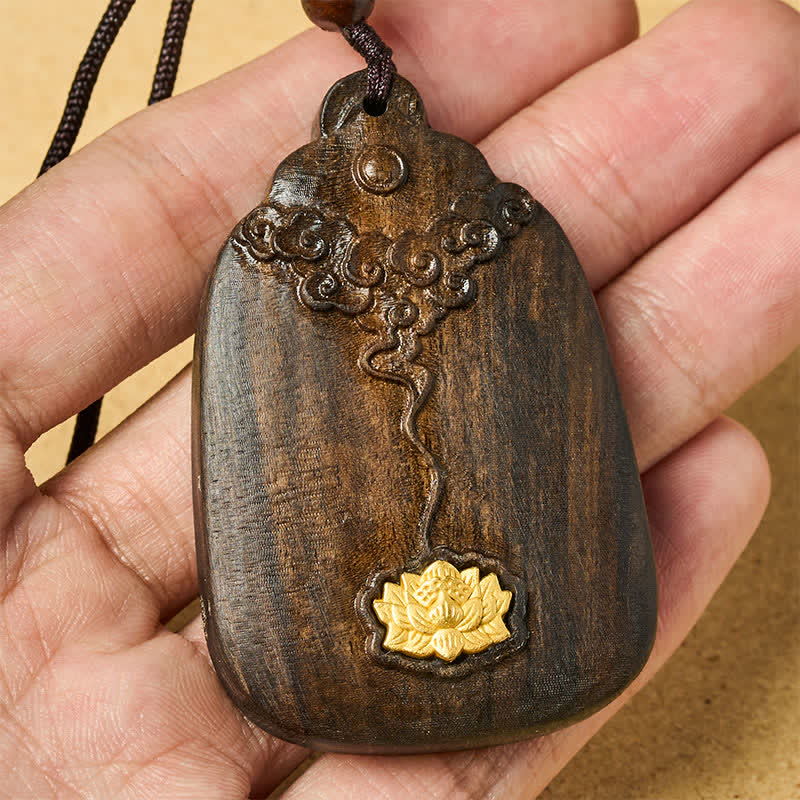 Buddha Stones Collar con colgante de madera de sappanwood con diseño de nubes auspiciosas y loto, símbolo de nuevos comienzos. - image 4