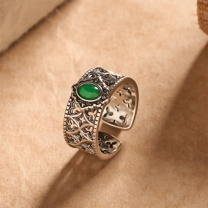 Buddha Stones Anillo abierto grabado con forma de balanza de ágata verde vintage - image 1