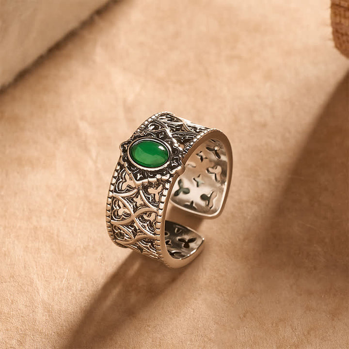 Buddha Stones Anillo abierto grabado con forma de balanza de ágata verde vintage - image 1