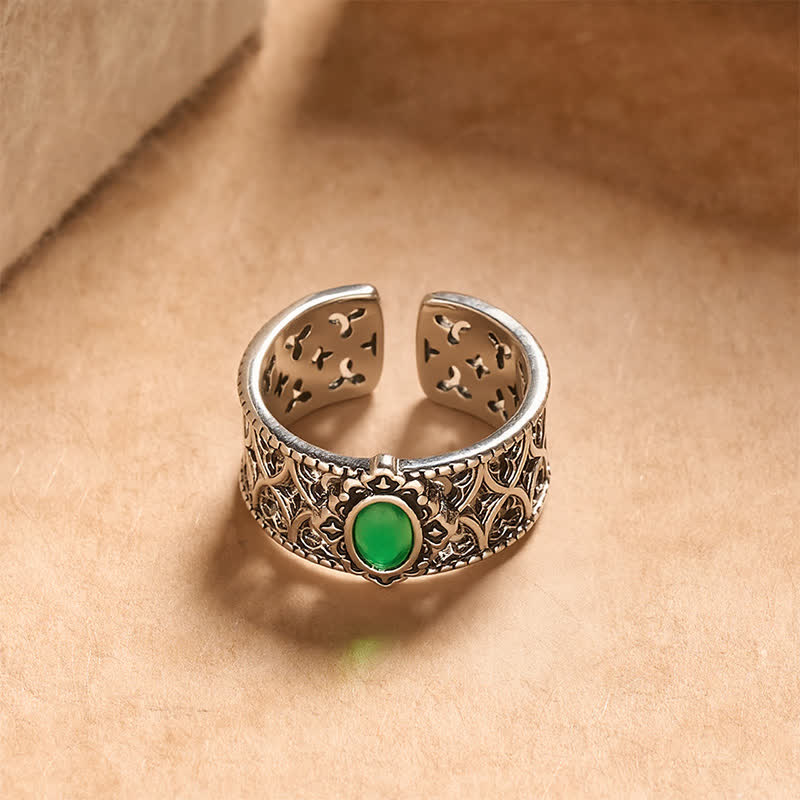 Buddha Stones Anillo abierto grabado con forma de balanza de ágata verde vintage - image 2