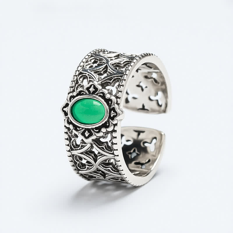 Buddha Stones Anillo abierto grabado con forma de balanza de ágata verde vintage - image 5